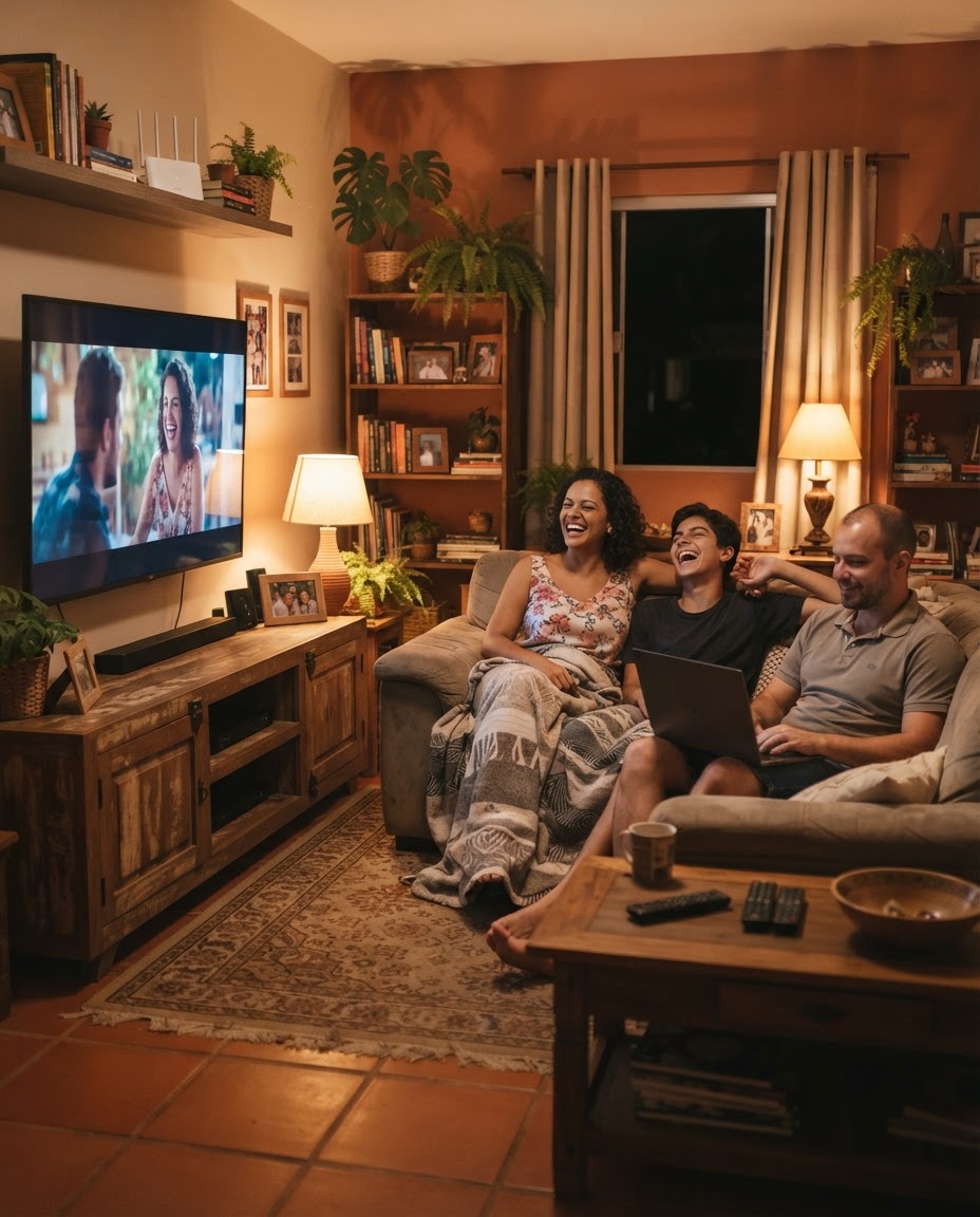Família usando a internet fibra da JS FIBRA NET